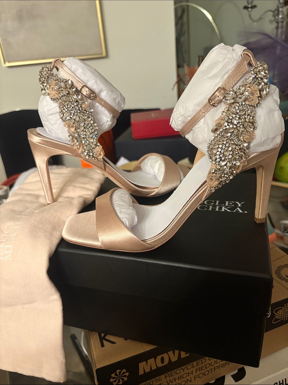 Badgley Mischka Rose Gold Crystal-Embellished Ankle-Strap Heels